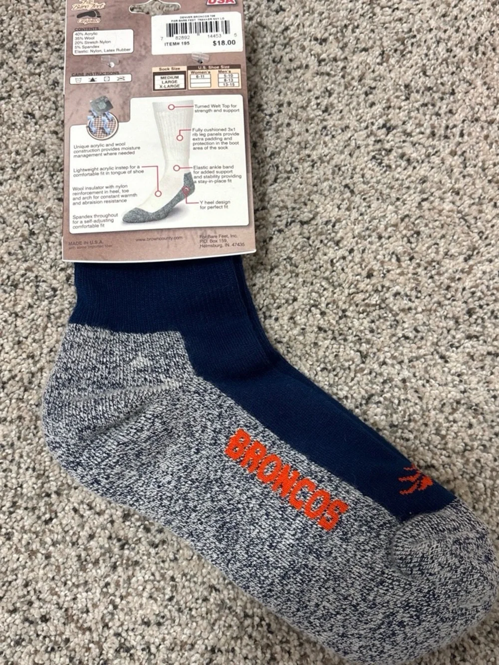 Tough Trekker Wool Over-the-Calf Socks - Navy and Heather Gray - Broncos